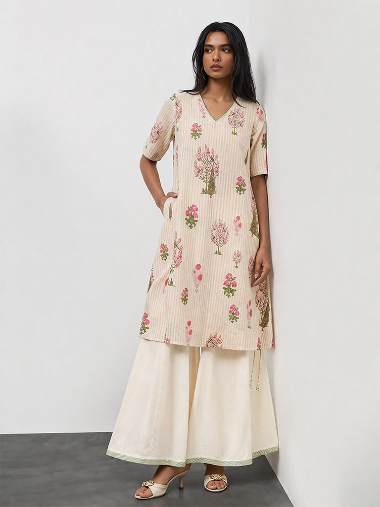 Utsa Off-White Floral Printed Cotton Pants